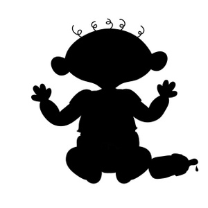 cartoon baby boy sitting up next to milk bottle in silhouette